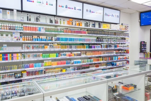 様々なベイプ製品が並ぶベイプ ショップの店内