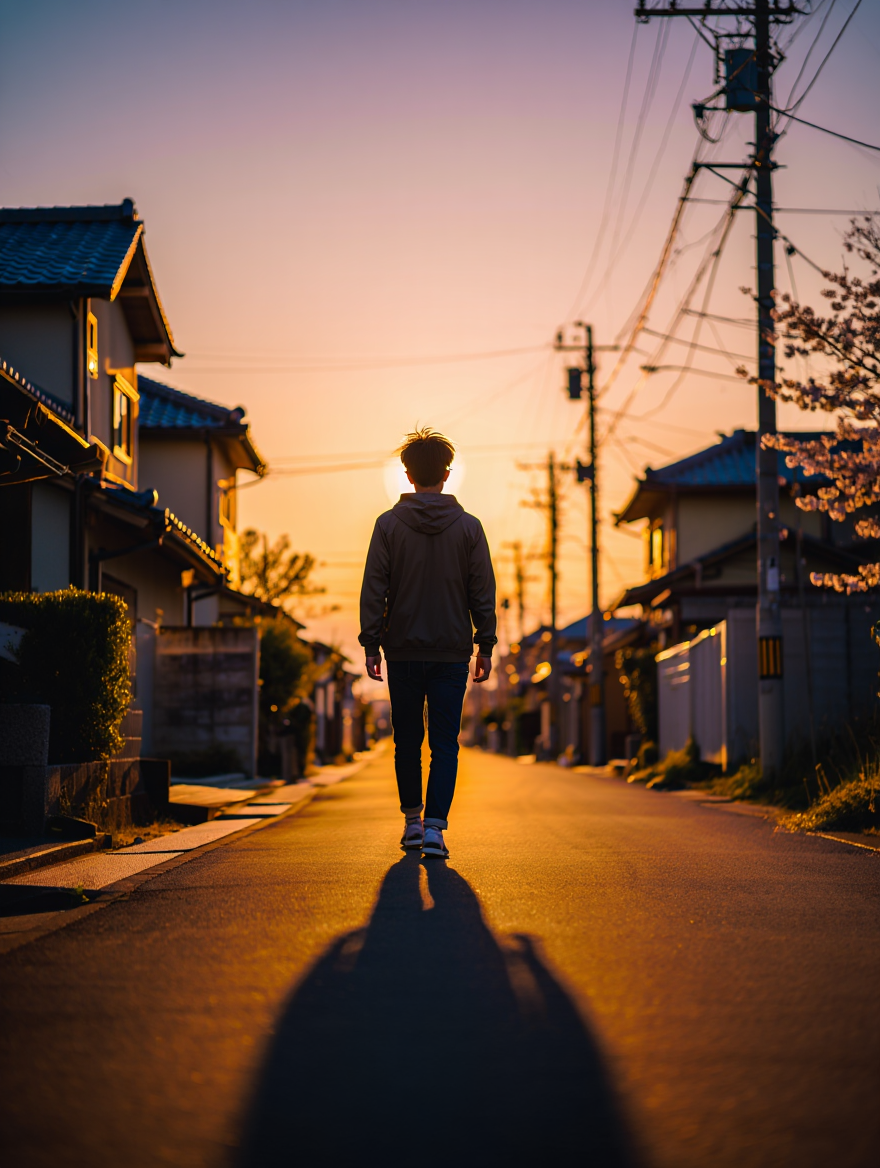 夕暮れの道を一人で散歩する人物の後ろ姿